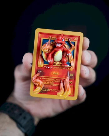 3D Charmeleon Pokémon card magnet with flames bursting from the card design.